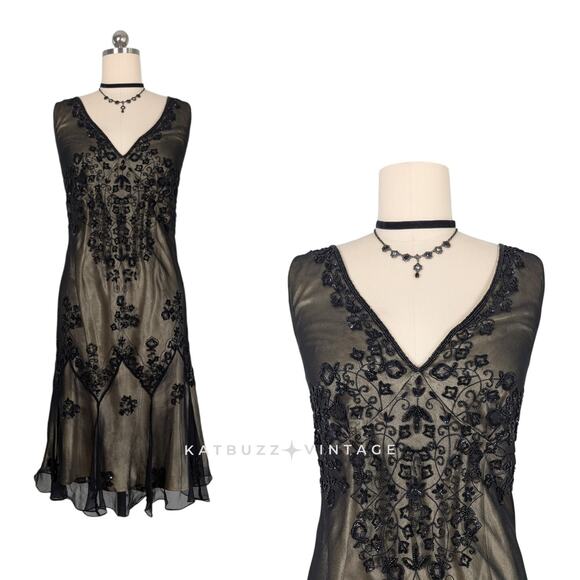 Scala Dresses & Skirts - Vtg Scala Midi Dress Silk Gown 2X Black Tan Y2K Fairy Gatsby Flapper Bead Floral